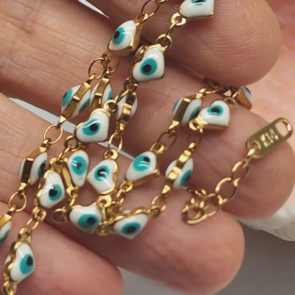 FP Designer Artisan Blue Evil Eye Gold Heart 14k Goldplated Choker Chain